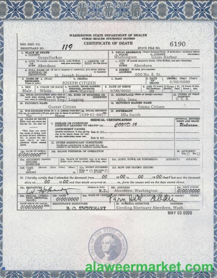 USA Washington state death certificate template in PSD format